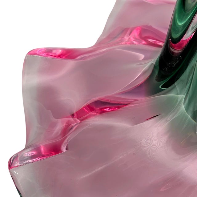 Murano Style Sommerso Art Glass Ruffled Centerpiece Bowl Pink Green 20" For Sale - Image 12 of 17