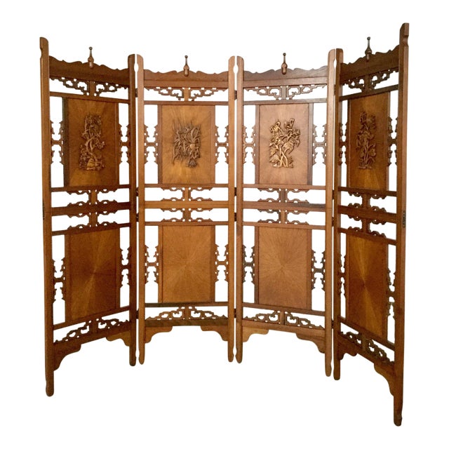 1970s Vintage Hand Carved Rosewood Shoji Screen Room Divider For Sale