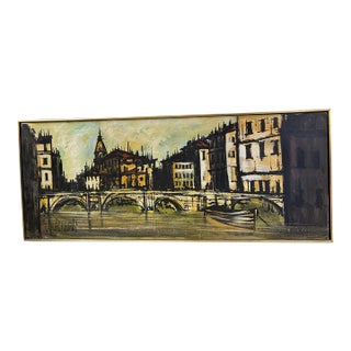 Vintage Mid-Century Modern Cityscape Oil Painting by James Roberts For Sale