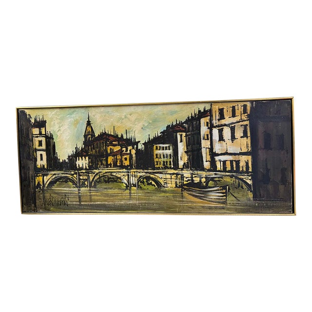 Vintage Mid-Century Modern Cityscape Oil Painting by James Roberts For Sale