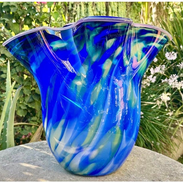 Glass Large Blue Swirl Ruffled Handkerchief Art Glass Vase | Studio Glass Fazzoletto 15"h Artist Signed For Sale - Image 7 of 18