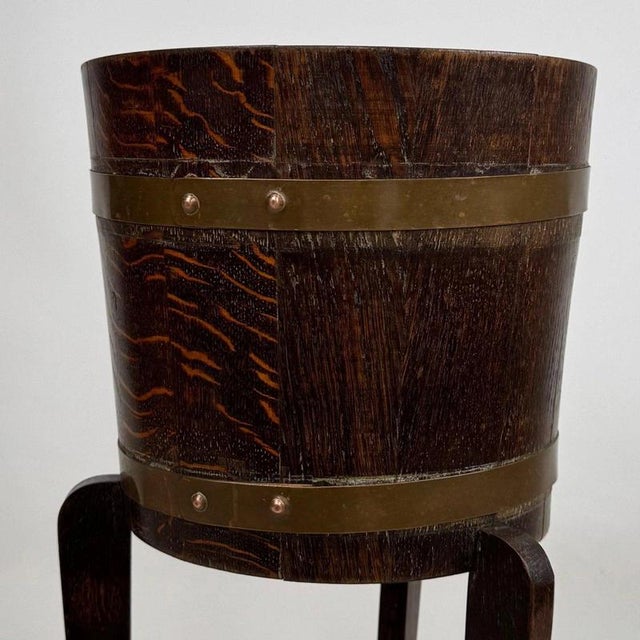 Brown Antique Early 20th Century English Oak Barrel Planter Stand For Sale - Image 8 of 10