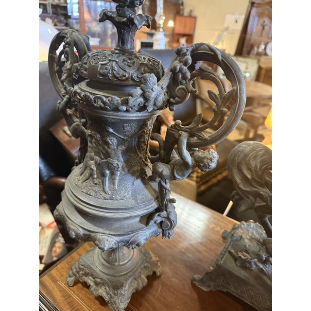 Napoleon III Three-Piece Mantelpiece Set in Spelter with Bronze Patina, 1870, Set of 3 For Sale - Image 10 of 11