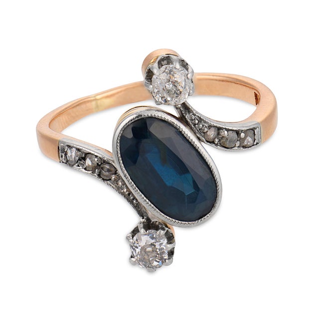 Traditional 1910s Edwardian Sapphire Diamond 18k Yellow Gold Ring, Size 5.25 For Sale - Image 3 of 7
