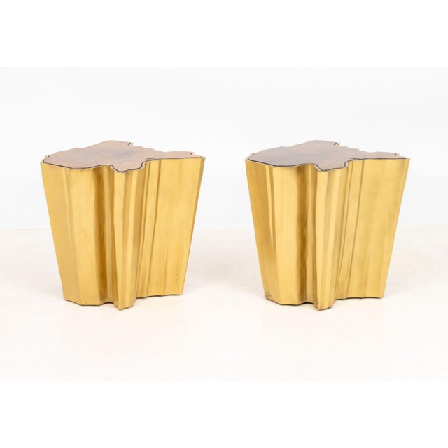 Pair of Brabbu "Sequoia" Walnut and Brass Side Table, the live edge tops inset in brass frames. 19.75" H x 22.25" W x 21"...