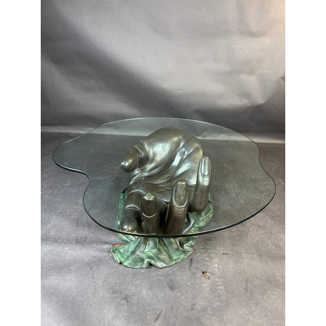 Mid Century Leonardo Rossi Bronze Hand Sculpture Glass Top Coffee Table For Sale - Image 10 of 11