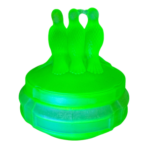 Vintage Uranium Vaseline Art Glass Covered Powder Jar Dish With 3 Figural Birds