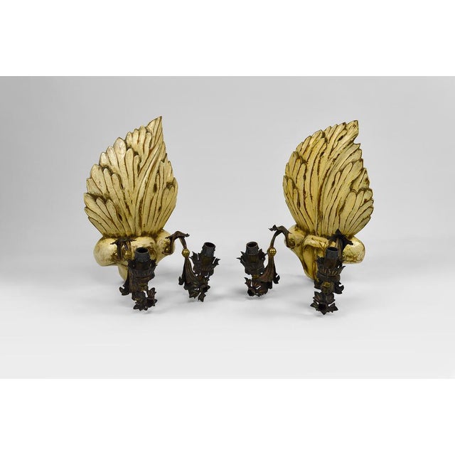 Baroque Hollywood Regency Sconces in Carved, Painted and Patinated Wood, 1950s, Set of 2 For Sale - Image 3 of 16