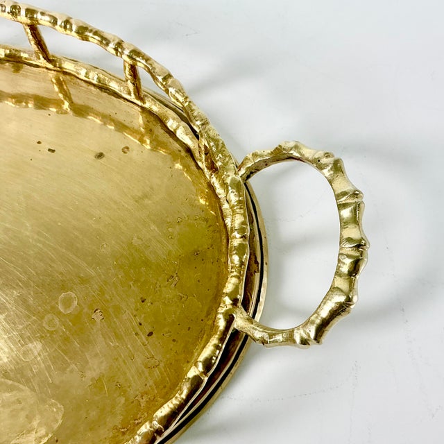 Mid-Century Hollywood Regency Coastal Boho Chic Oval Faux Bamboo Brass Tray, Mottahedeh Attributed For Sale - Image 11 of 13