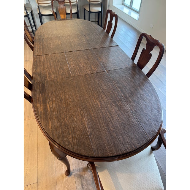 Late 20th Century Drexel Heritage Solid Wood Extendable Dining Table With 6 Reupholstered Chairs For Sale - Image 13 of 15