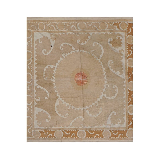 1960s Uzbek Suzani Table Cover, Neutral Beige Hand Embroidered Textile 4'6'' X 4'7'' For Sale - Image 5 of 10