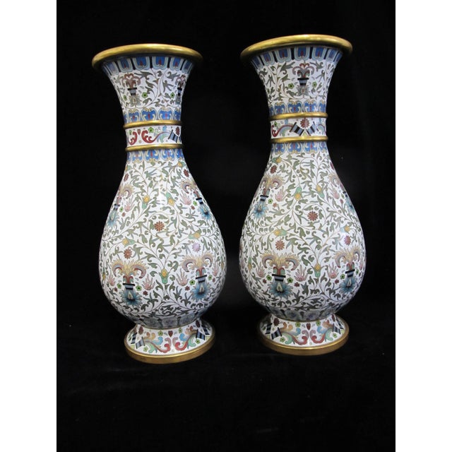 Mid 20th Century Large Chinese White Enamel Cloisonne Colorful Flower Vase Pair For Sale - Image 5 of 14