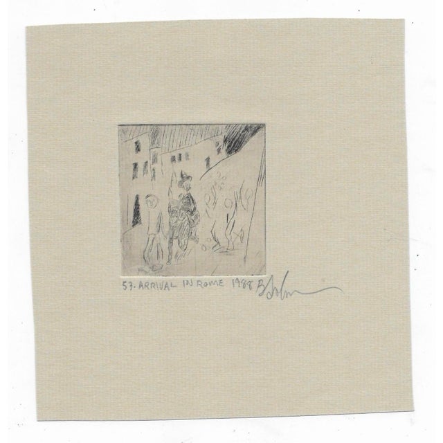 1988 miniature etching of a man on a donkey, titled and illegibly pencil signed. Image: 2.25 x 2.1 inches Sheet: 6 x 5.5...