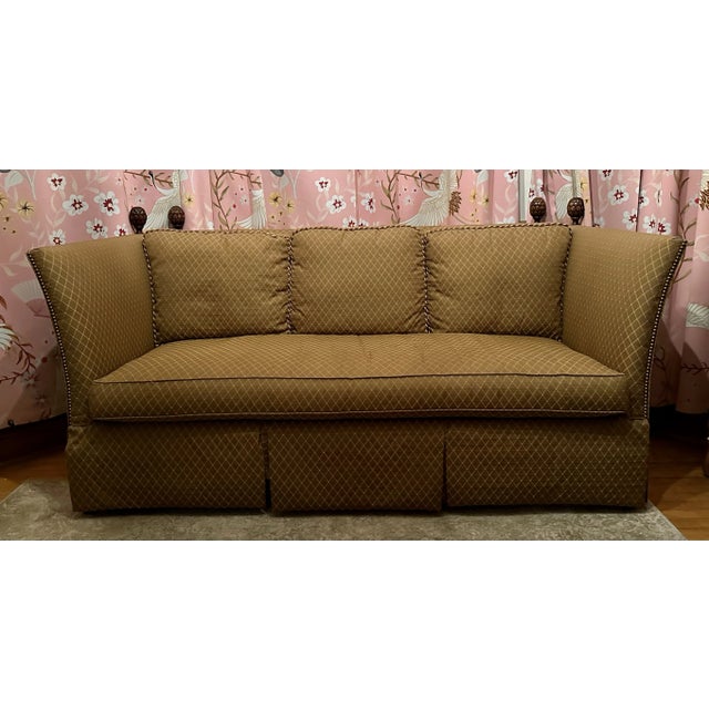 Gorgeous vintage Hollywood Regency knole (sides do not recline as it is not made to do so) style sofa with wood corner...