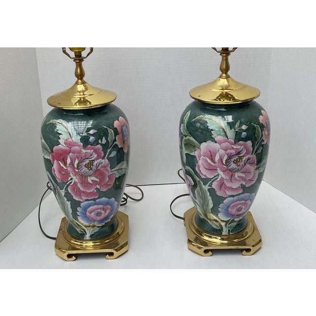 Chinoiserie Vintage Chinoiserie Green Ceramic Floral Table Lamps With Brass Bases a Pair For Sale - Image 3 of 18