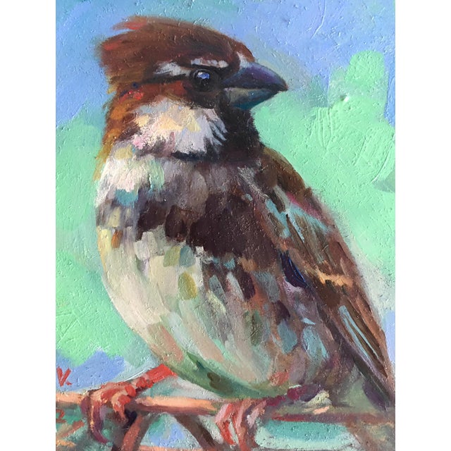 Wood Framed Sparrow Bird Original Painting Vintage Style by Valeriya Serova For Sale - Image 7 of 15