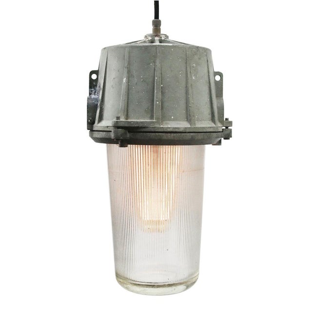 1950s Vintage Industrial Grey Metal and Striped Glass Pendant Lights For Sale - Image 5 of 7
