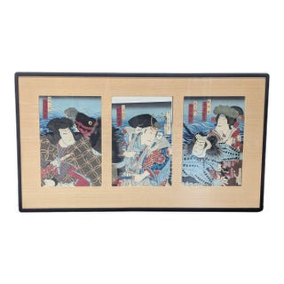 Vintage Morikawa Chikashige Meiji-Era Japanese Woodblock Triptych For Sale