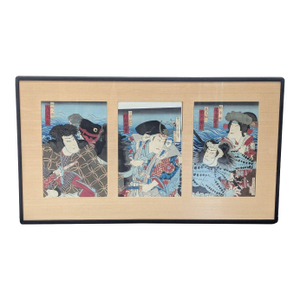 Vintage Morikawa Chikashige Meiji-Era Japanese Woodblock Triptych