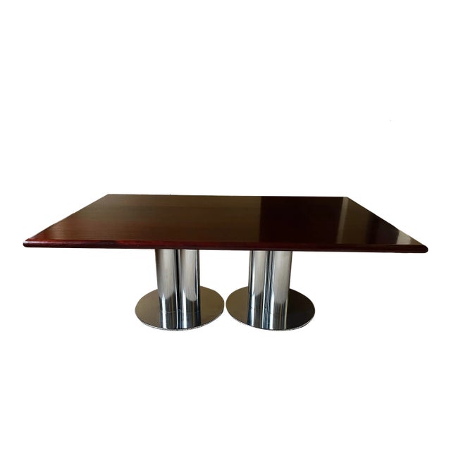 Double Pedestal Solid Mahogany Dining Table or Conference Table- Triple Column Chrome Bases For Sale