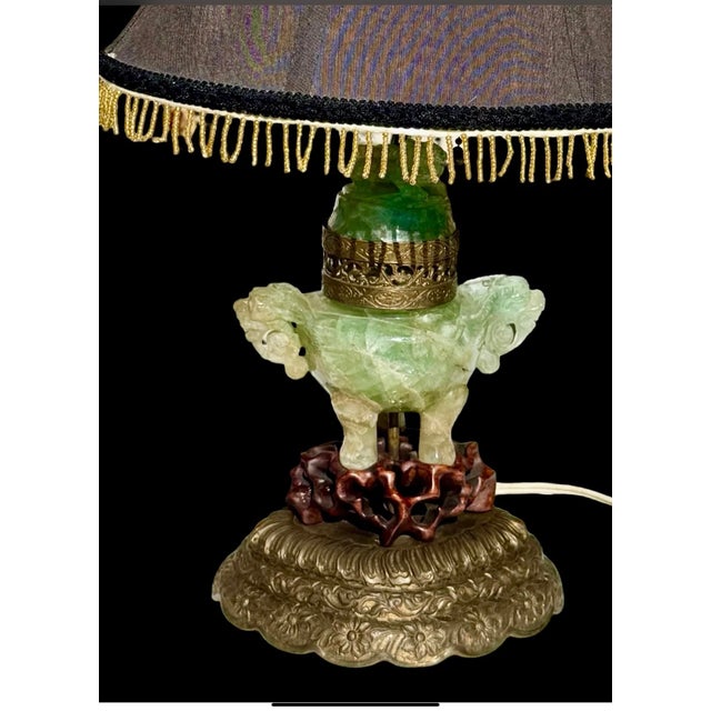 Chinese Carved Stone Foo Dog Lamp With Shade For Sale - Image 4 of 6