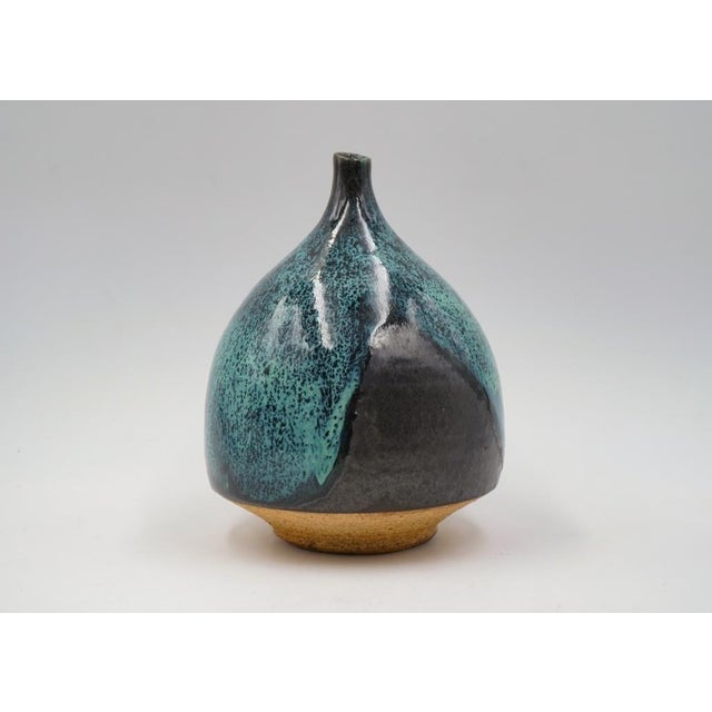 Vintage mid 20th century pottery vase by Joel Edwards (1923 - 2007) California. Signed on bottom, blue drip glaze,...