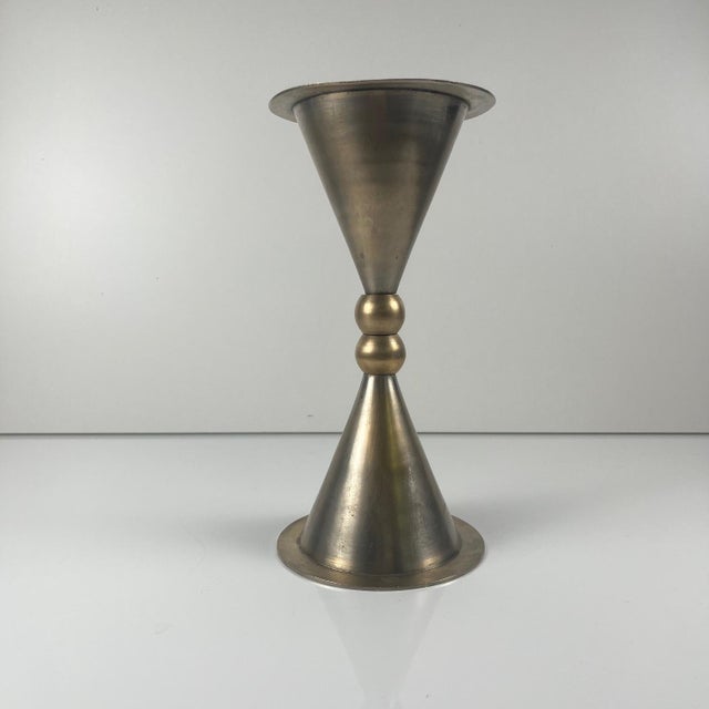 Rare Postmodern Style Bell and Candlestick Duo - in Steel and Brass, 1980 Modernist metal bell and candlestick duo,...