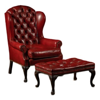 Antique Tufted Leather Armchair and Ottoman Set For Sale