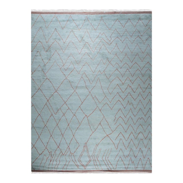 4x8 Isla Moroccan Blue Geometric Modern Hand Knotted Wool Carpet Runner Rug For Sale