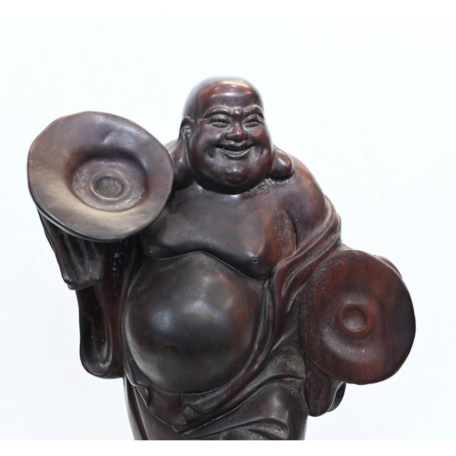 Antique Chinese Happy Buddha Carved Hardwood Statue For Sale - Image 4 of 8