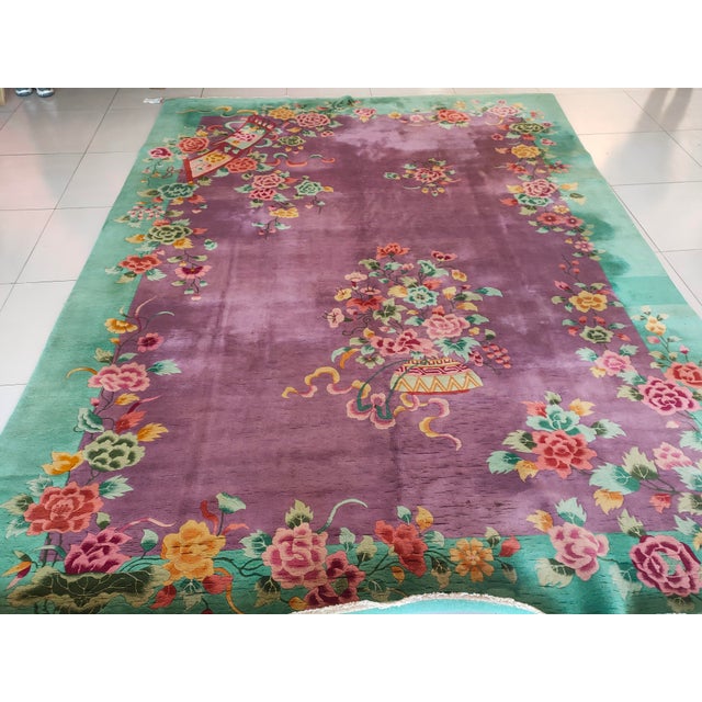 Rectangle Purple 1920s Antique Room Size Chinese Wool Art Deco Knotted Rug For Sale - Image 4 of 9