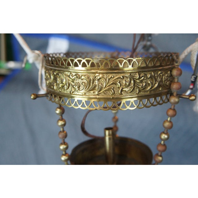 Antique Victorian Brass Filligree Acanthus 1 Light Parlor Drop Pendant 19" For Sale - Image 4 of 8