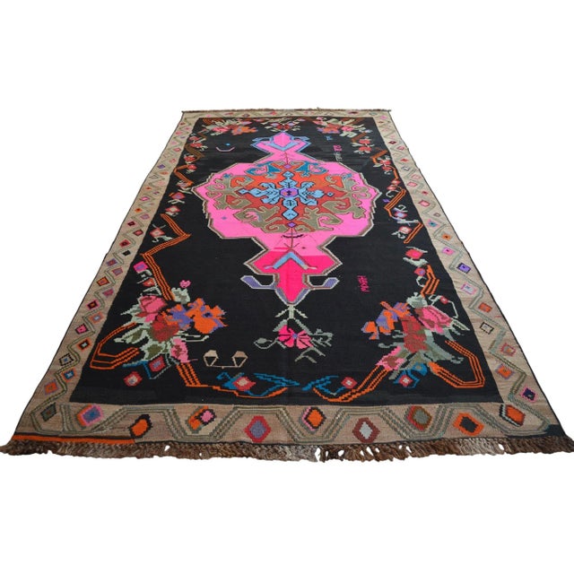 Handwoven Turkish Kilim Rug Anatolian Tribal Pink Rug - 6′5″ X 12′10″ For Sale - Image 4 of 12