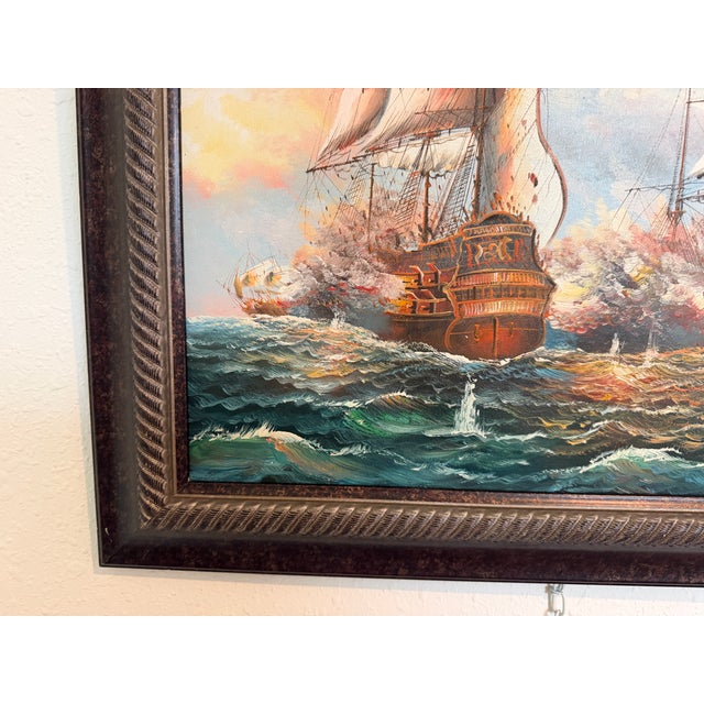 2010s Original Marine Naval Battle Oil Painting Sailing Ships Seascape Framed, Signed For Sale - Image 5 of 11