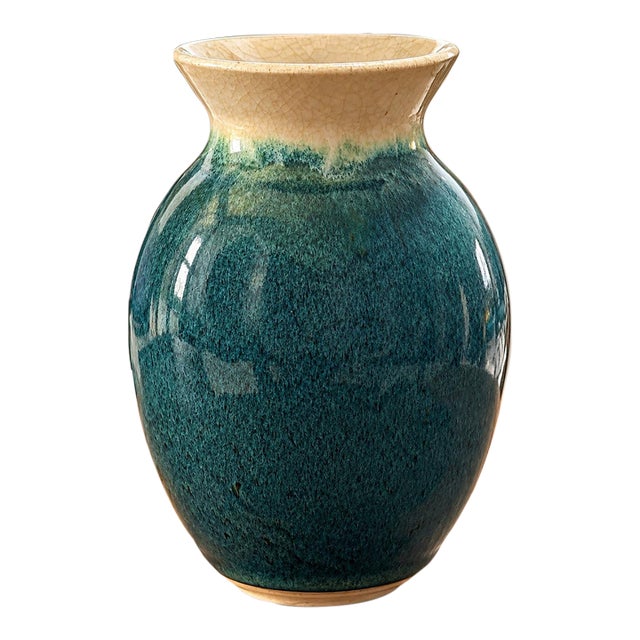 Signed K. Lutz Studio Art Pottery Vase Teal Blue Green Crackle Glaze Pacific Northwest 6” For Sale