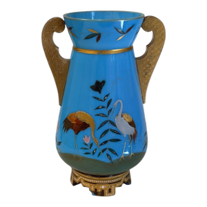 Exquisite 19th Century French Opaline Glass Vase With Enamel and Gilt Bronze Mounts