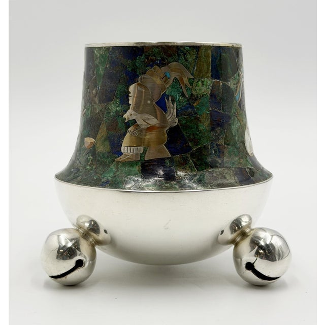 Los Castillo 1970s Rare Los Castillo Tripod Vase With Malachite, Lapis, Azurite & Turquoise Inlay For Sale - Image 4 of 18