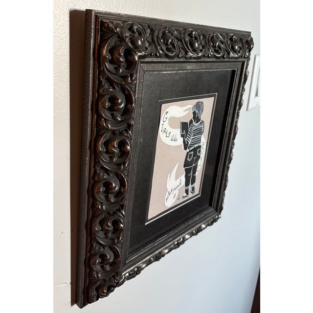 Illustration Vintage “Girls Like Boys Who Read” Painting and Illustration, Custom-Framed For Sale - Image 3 of 3