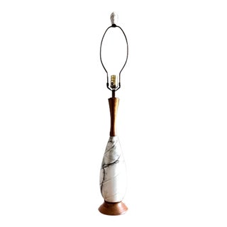 Mid Century Alabaster Marble and Teak Table Lamp For Sale