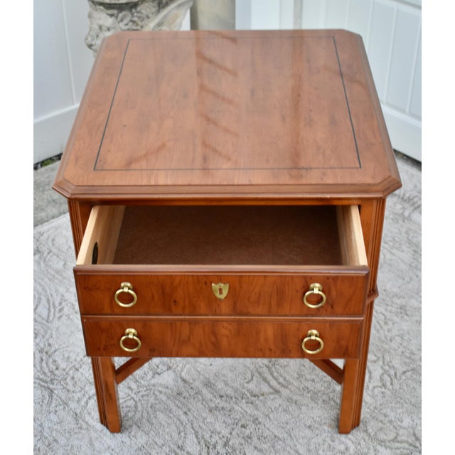 Drexel Drexel Inlaid Side Table YewWood One Drawer Regency Style Stretcher Base Vintage For Sale - Image 4 of 13
