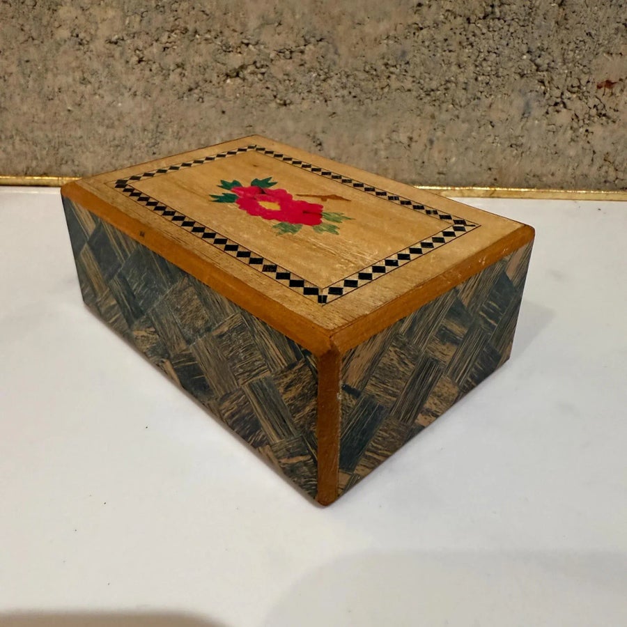 Mid-Century Modern Japanese Secret Puzzle Box Wood Inlay Mt Fuji
