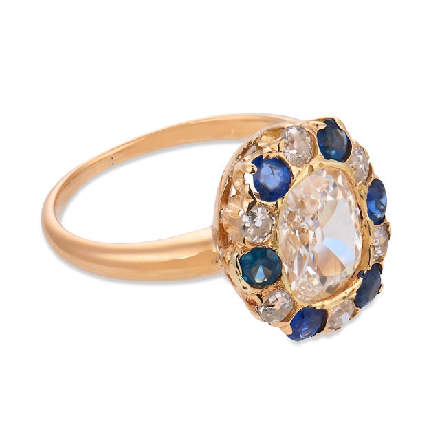 19th Century 19th Century Victorian Gia 1.15 Carat Old Mine Cut Diamond Sapphire 14k Gold Cluster Ring, Size 5 For Sale - Image 5 of 8