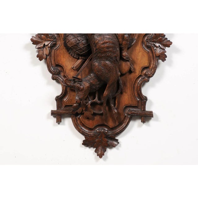 Brown Black Forest Period 19th Century German Oak Wall Carving with Hunting Trophy For Sale - Image 8 of 12