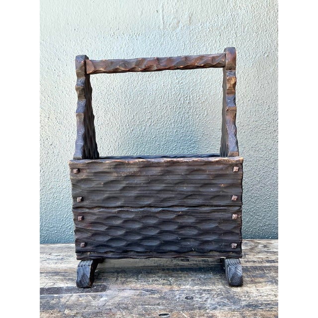 Vintage Carved Pine Wood Basket For Sale - Image 9 of 12