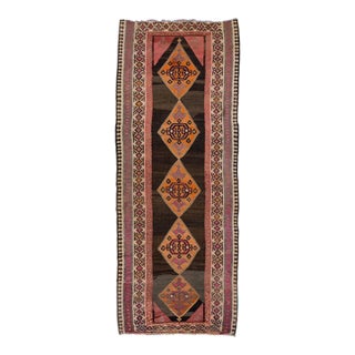Brown Vintage Kilim Handmade Flatweave Tribal Motif Wool Runner For Sale