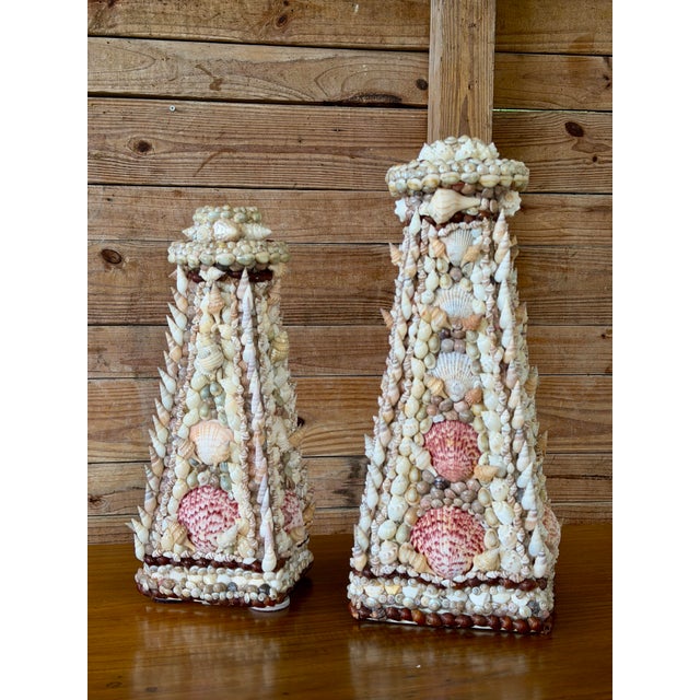 Vintage Handcrafted Coastal Seashell Encrusted Plaster Obelisk Candleholders, Pair For Sale - Image 9 of 12