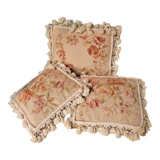Vintage Down Filled Floral Needlepoint Pillows With Fringe- Set of 3 For Sale