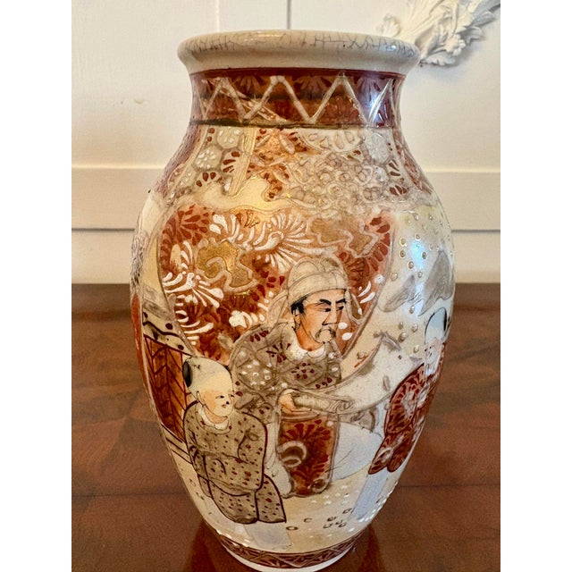 Pair of antique Edwardian quality satsuma vases having wonderful hand painted panels in red, gold, blue and white...