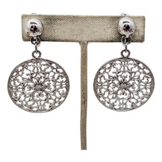 Vintage C1973 Signed Napier Rhodium Plated Openwork Drop Clip Earrings-2 Pieces For Sale