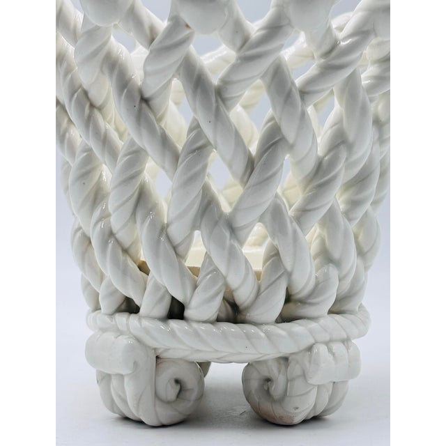 French Country White Ceramic Woven Rope Cachepot Basket For Sale - Image 4 of 7